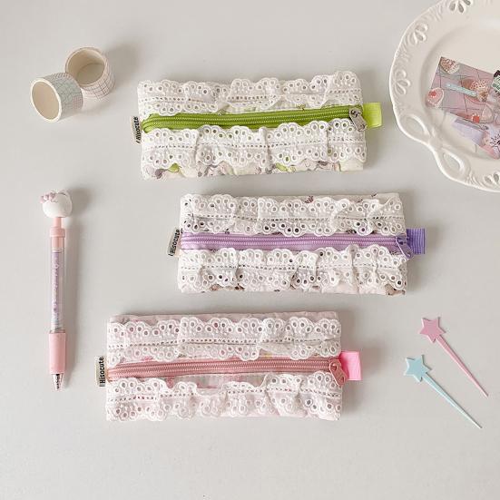 Lace Trim Pencil Case Smooth Zipper Makeup Stationery Storage Bag Cute Pen Organizer for School Office