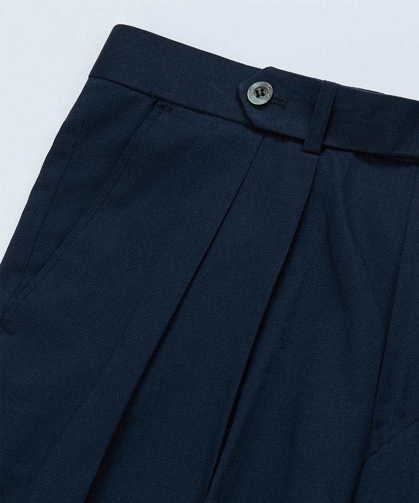 BELLIEF Gabardine Cotton Double Pleats Wide Chino Pants (Navy)