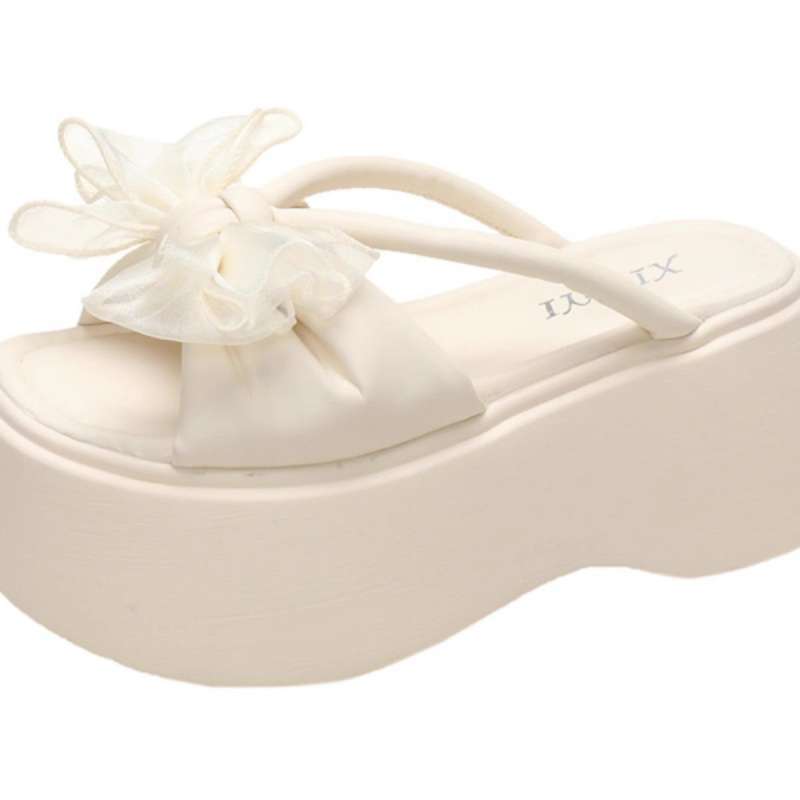 Fairy Wind Bow 6cm Thick Bottom Heightening Muffin Cool Slippers Female 2025 Summer New with Skirt One-word Drag