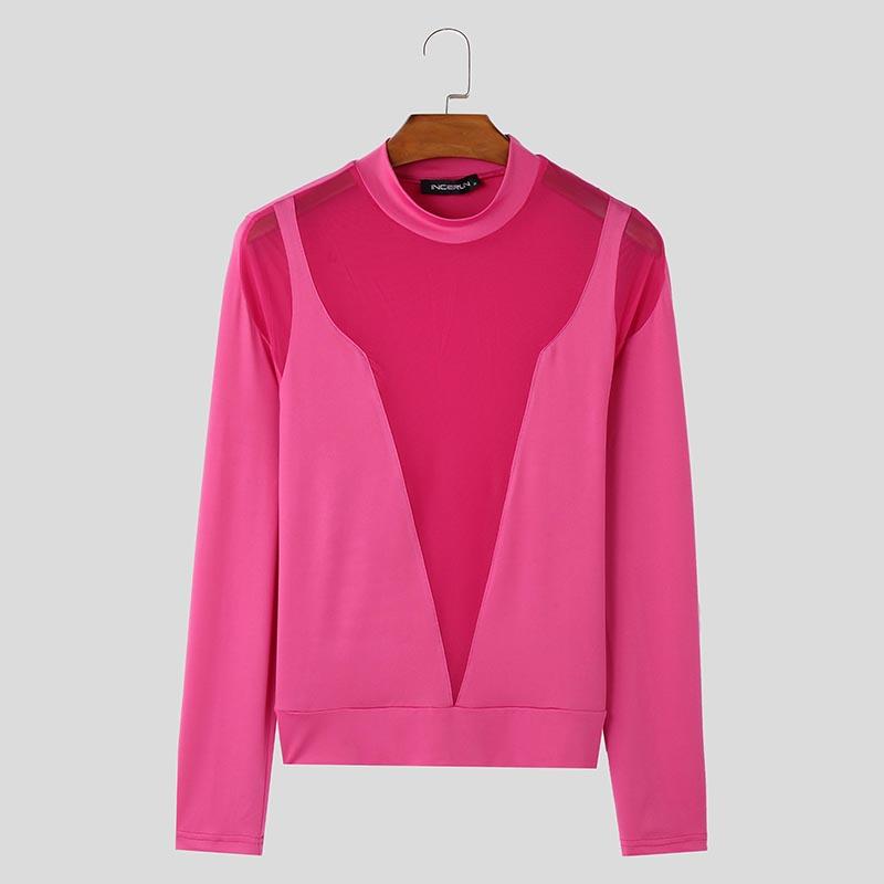 INCERUN Men Long Sleeve See Through Mesh Sheer Party T-shirts Tops