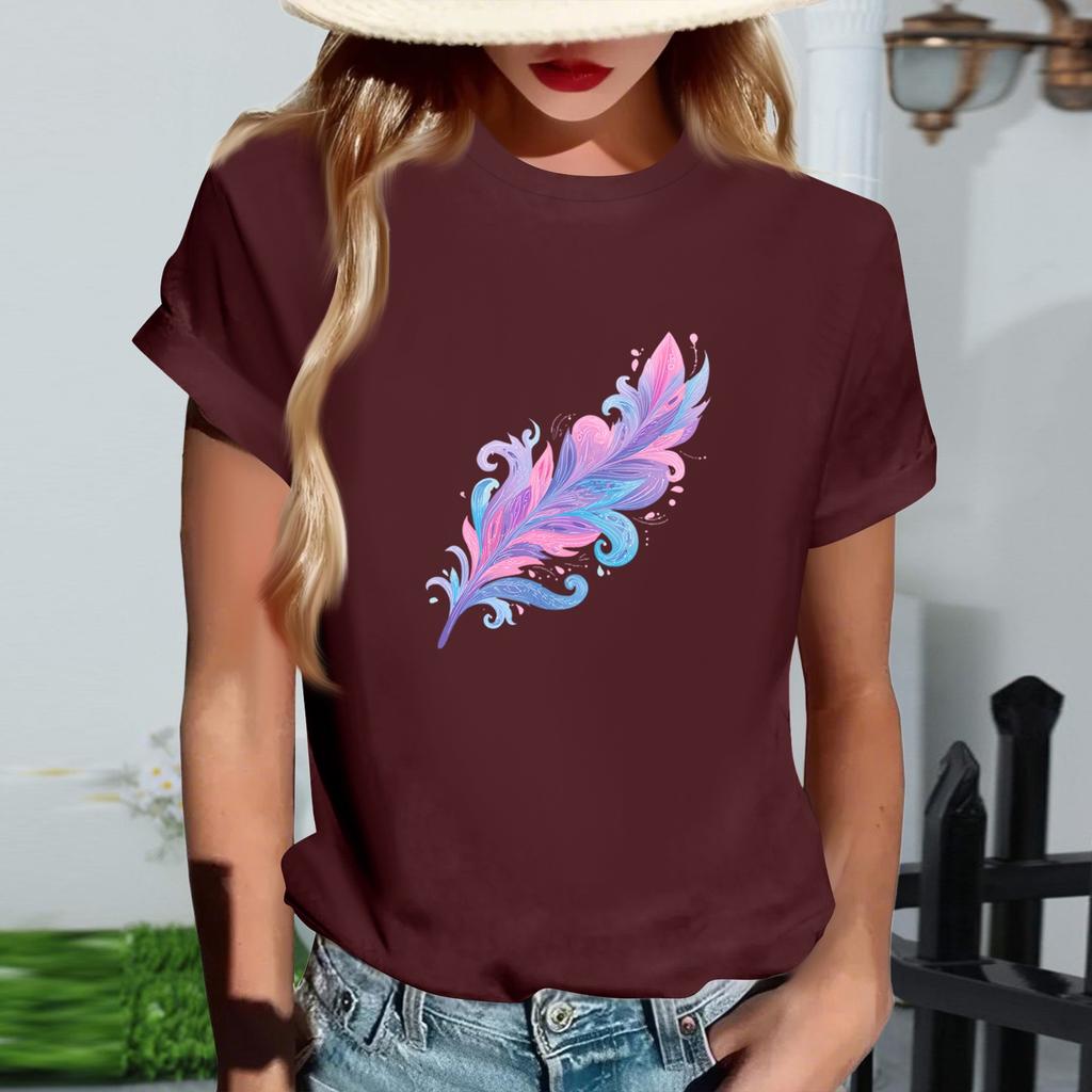 Women's Fashionable Round Neck Casual Retro Print Short Sleeved T-shirt Top
