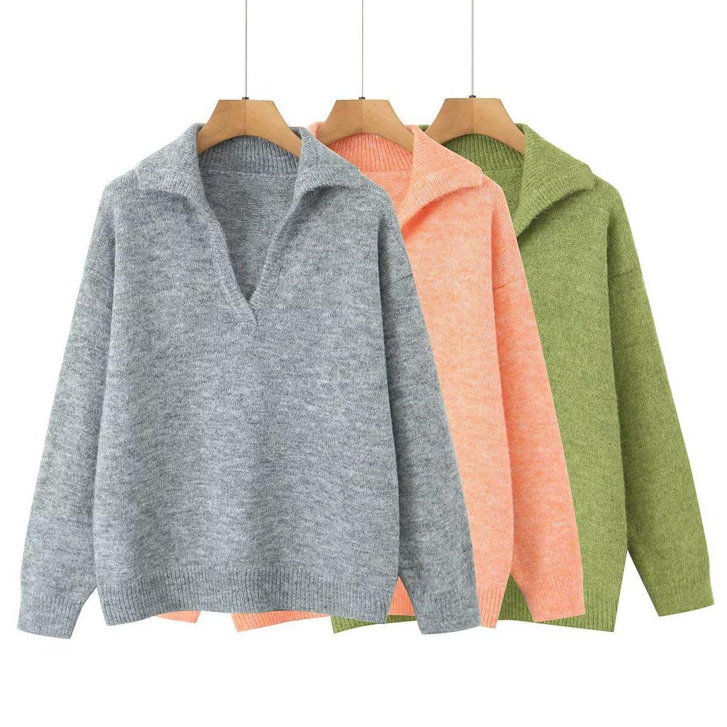 European and American Women's Fashion Simple Lapel Pullover Sweater