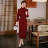 Womens Long Sleeve Knit Velvet-Lined Cheongsam Dress Winter Warm Retro Style Modest Elegant Outfit Holiday