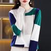 Women's 100% Pure Wool Patchwork Sweater - Round Neck Knitwear for Autumn/Winter 2025