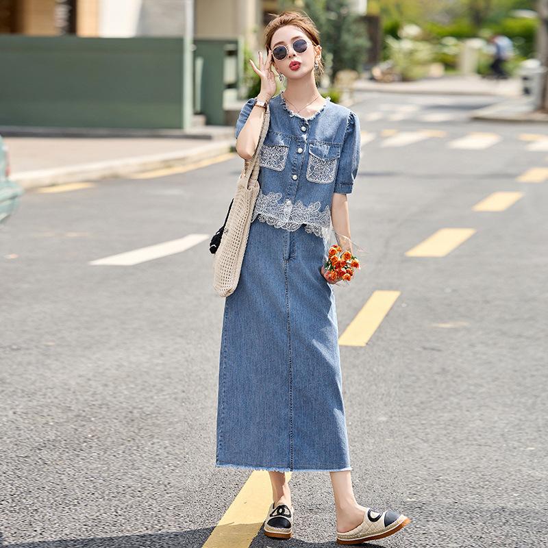 

Костюм из денима с кружевной вставкой Xiaoxiang Fan, женский летний новый темпераментный приталенный суперкрасивый комплект из двух предметов для знаменитостей XL