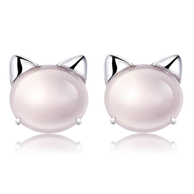 2026 Sweet and Cute Girl Pink Crystal Cat Stud Earrings Female Natural Opal Cute Cat Stud Earrings Jewelry