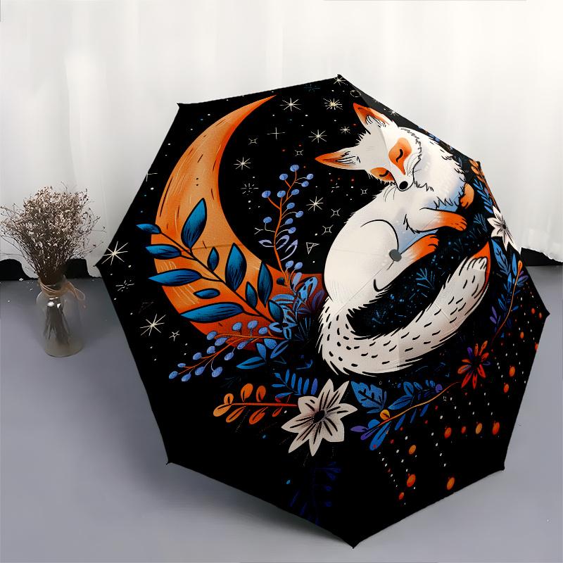 Moon Fox Theme 8 Bone Hand Automatic Folding Umbrella, Compact and Portable Design, A Perfect Gift for Birthday, Christmas or Business Use07