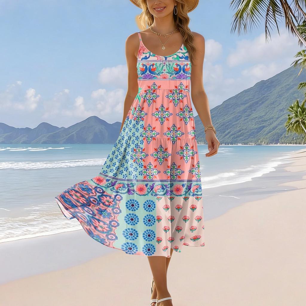 Ärmelloses Damen Maxikleid mit Spaghettiträgern, Farbverlaufdruck, Sommerlich, Fließend, Mehrlagig, Strandkleid, Lässig, Locker sitzend, Strandmode