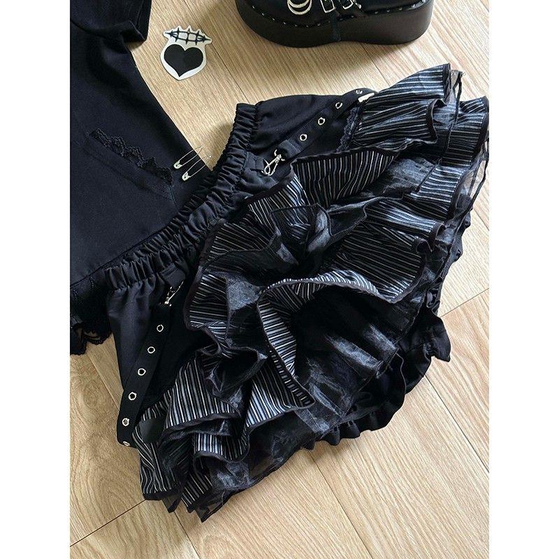 Petite Dark Style Patchwork Stripe Puffy Skirt