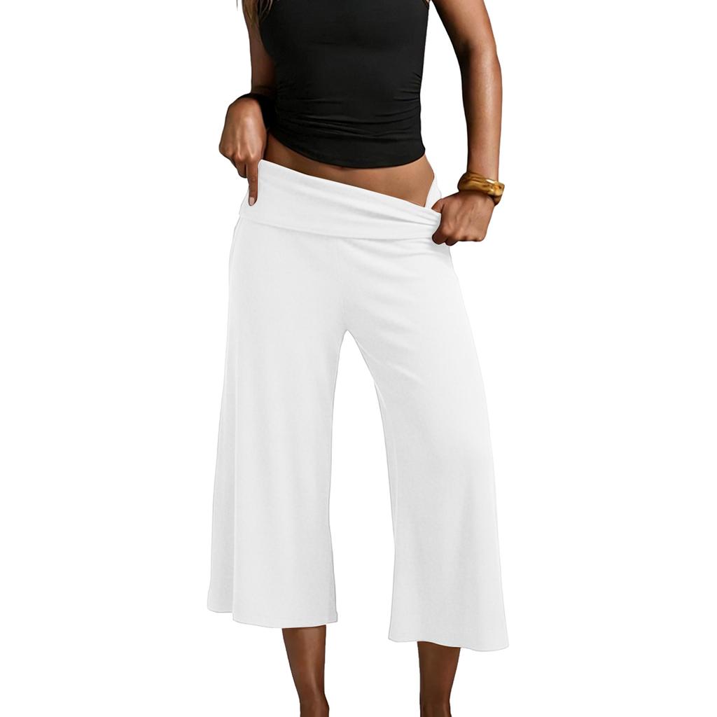 Pantaloni da Yoga da Donna a Gamba Larga Corti con Vita Pieghevole Vestibilità Rilassata Tessuto Morbido ed Elastico per il Comfort