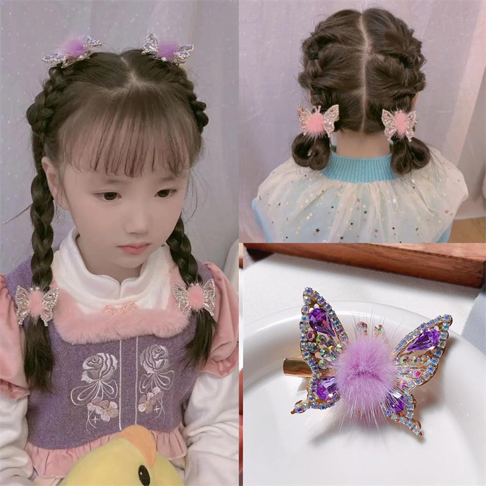 2 Pcs Butterfly Hair Clips Colorful Shiny Flying Butterfly Hairpin with Soft Hairball for Girls