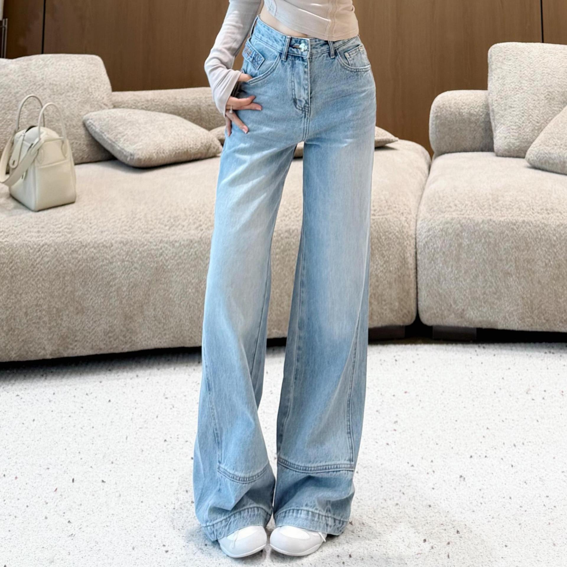 High Waist Lace-Up Distressed Denim Wide-Leg Pants - Slimming, Straight-Leg Design for Long Legs Large синий