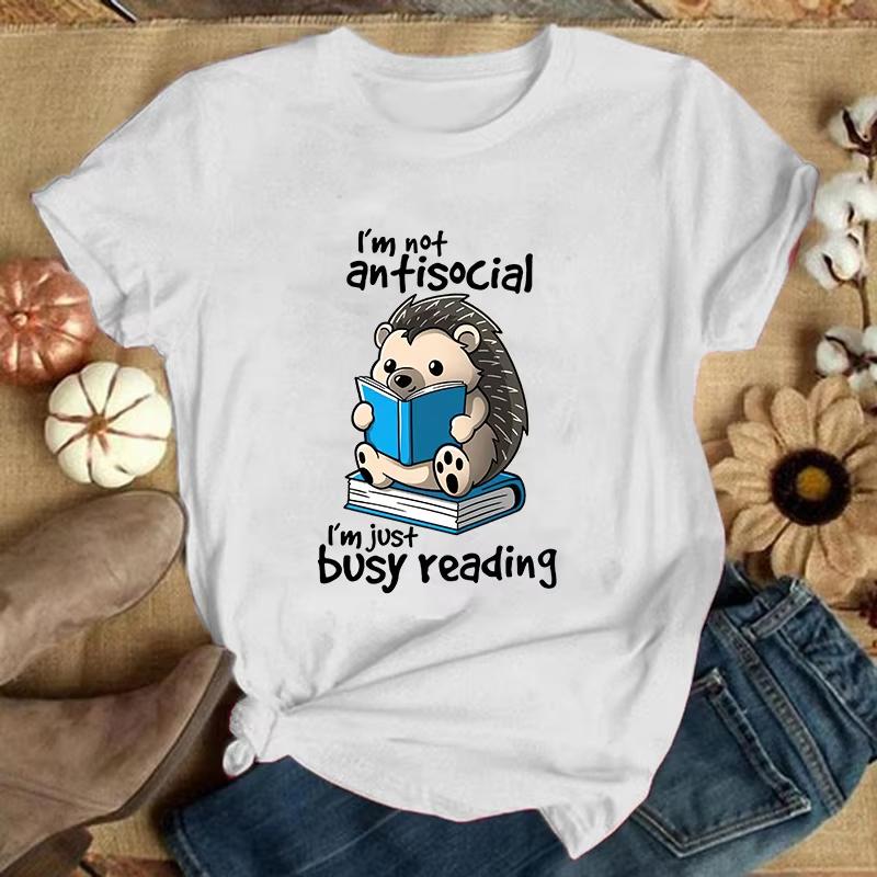 Premium TshirtHedgehog IM Not Antisocial IM Just Busy Reading Print TShirts For Women Summer Short Sleeve Round Neck