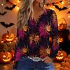 Women's Halloween Print Long Sleeve V-Neck T-Shirt with Decorative Buttons for Casual Wear