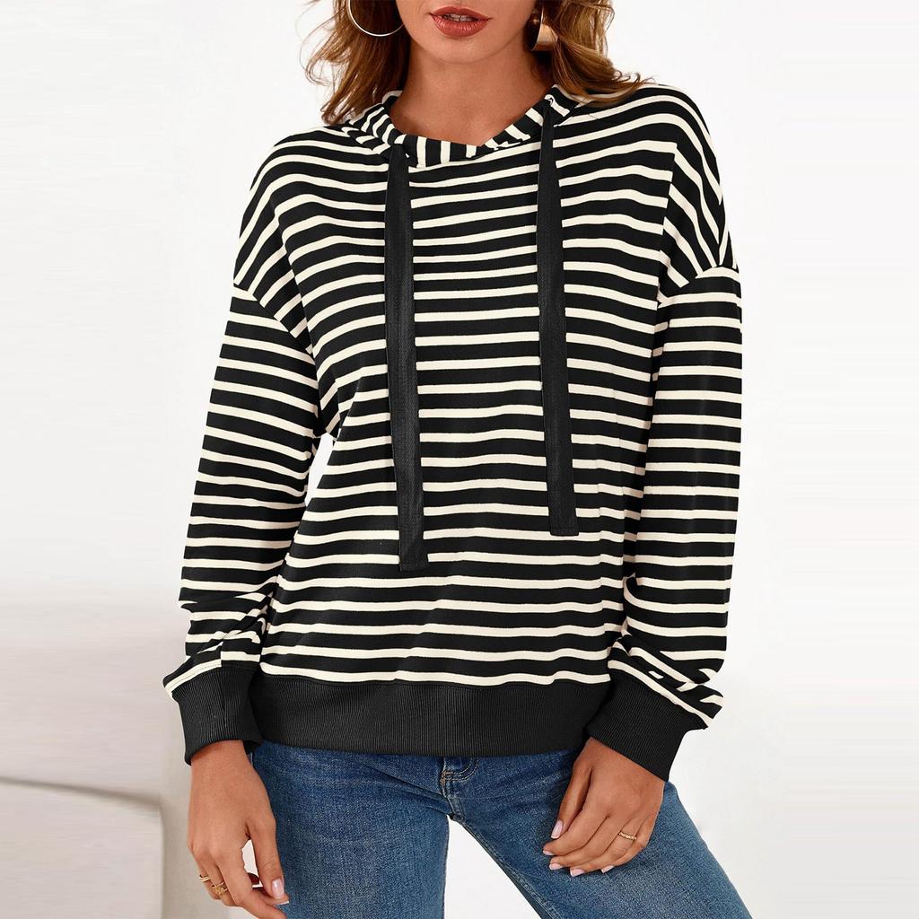 Women's Striped Hooded Sports Casual T-shirt Sweatshirt