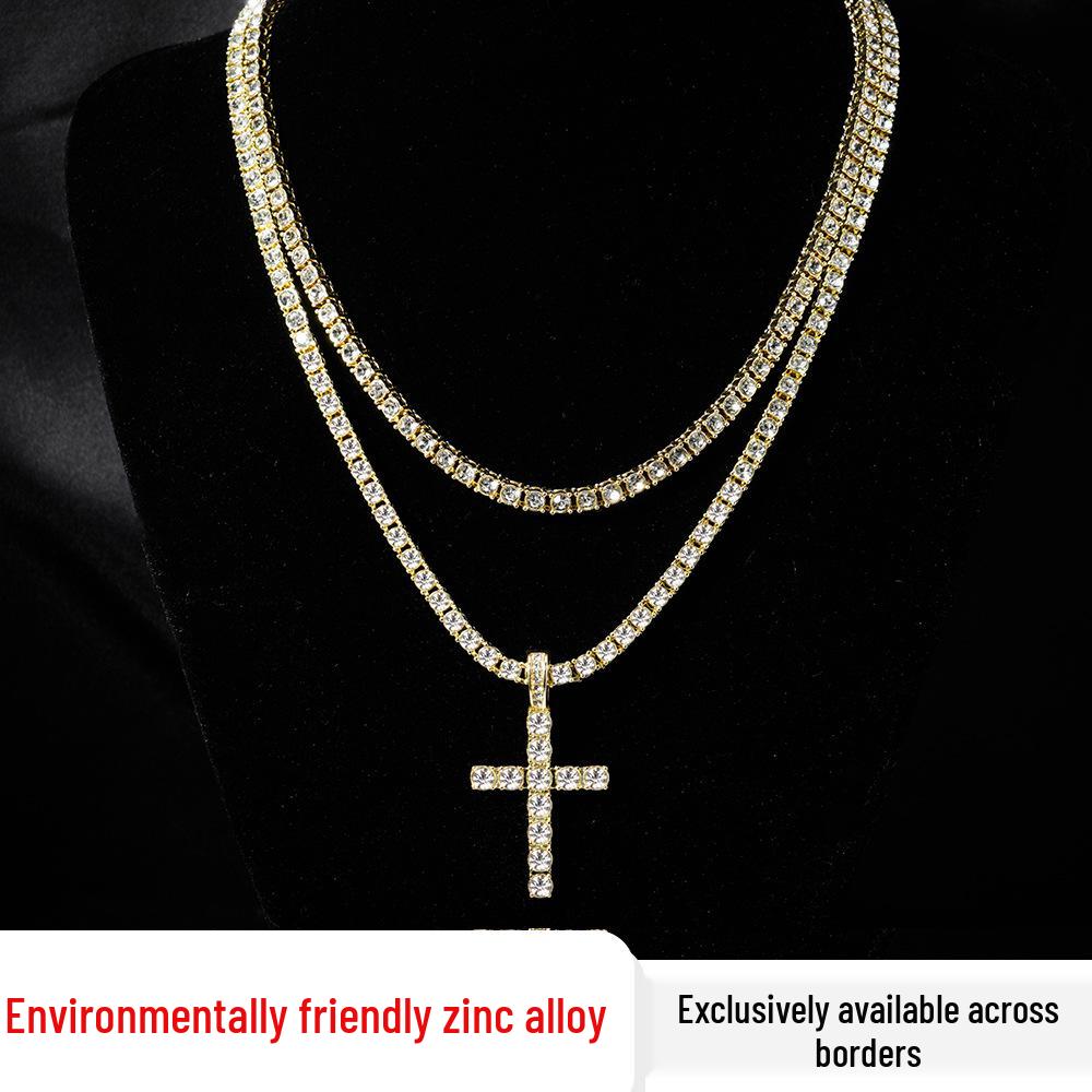 Eco-Friendly European & American Hip-Hop Zinc Alloy Rhinestone Cross Pendant Necklace with 4mm Diamond Tennis Chain