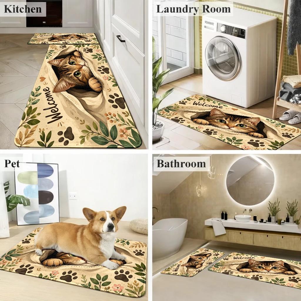 1Pcs Cute Cat Welcome Door Mat, 3D Cat Paw Printed Kitchen Rug, Non Slip Washable Floor Mat, Indoor Entrance Carpet, Pet Lover Home Decoration