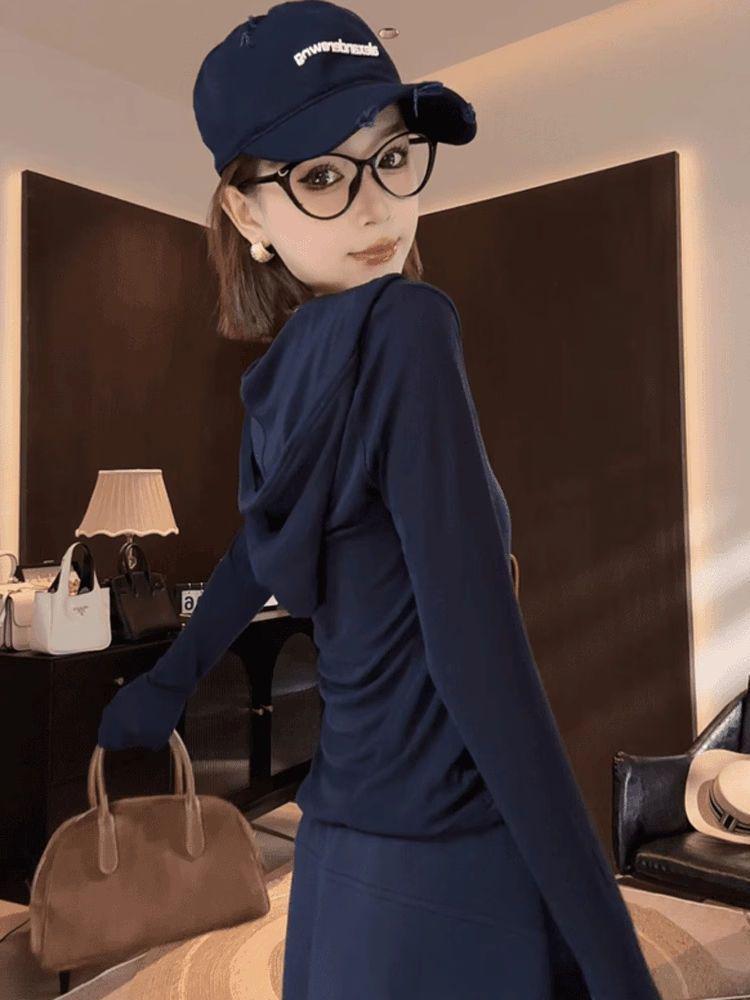 Plus Size Women's V-neck Hooded Long-Sleeve Slimming T-shirt - Autumn 2025 Trendy Top