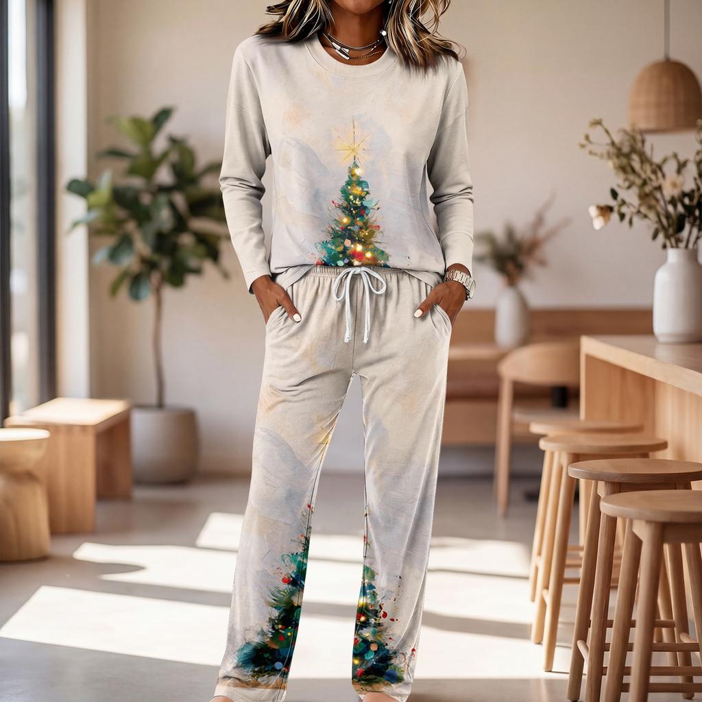 Women's Long Sleeve Round Neck Wide Leg Pajama Set Casual Sleepwear