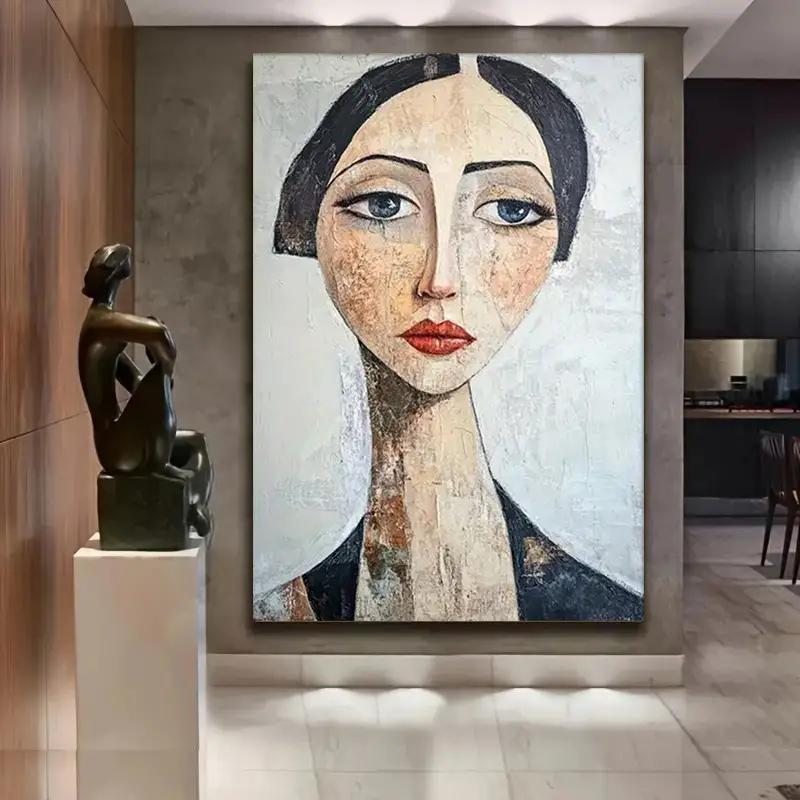 1pc Vintage Abstract Female Portrait Oil Painting Print Modern Art Home Living Room Bedroom Bathroom Canvas Wall Art Decor