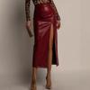 Gonna Midi in Pelle a Vita Alta con Spacco - Stile Europeo e Americano, Bodycon Slimming, Tinta Unita