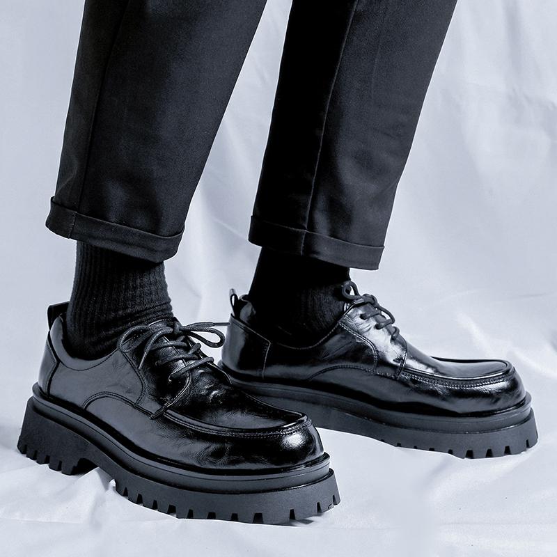 FashionMen Leather shoes outdoor fashion Platform Oxfords Slip on Thick Tottom Derby Shoes Casual Mens round Toe Formal Dress Shoes men