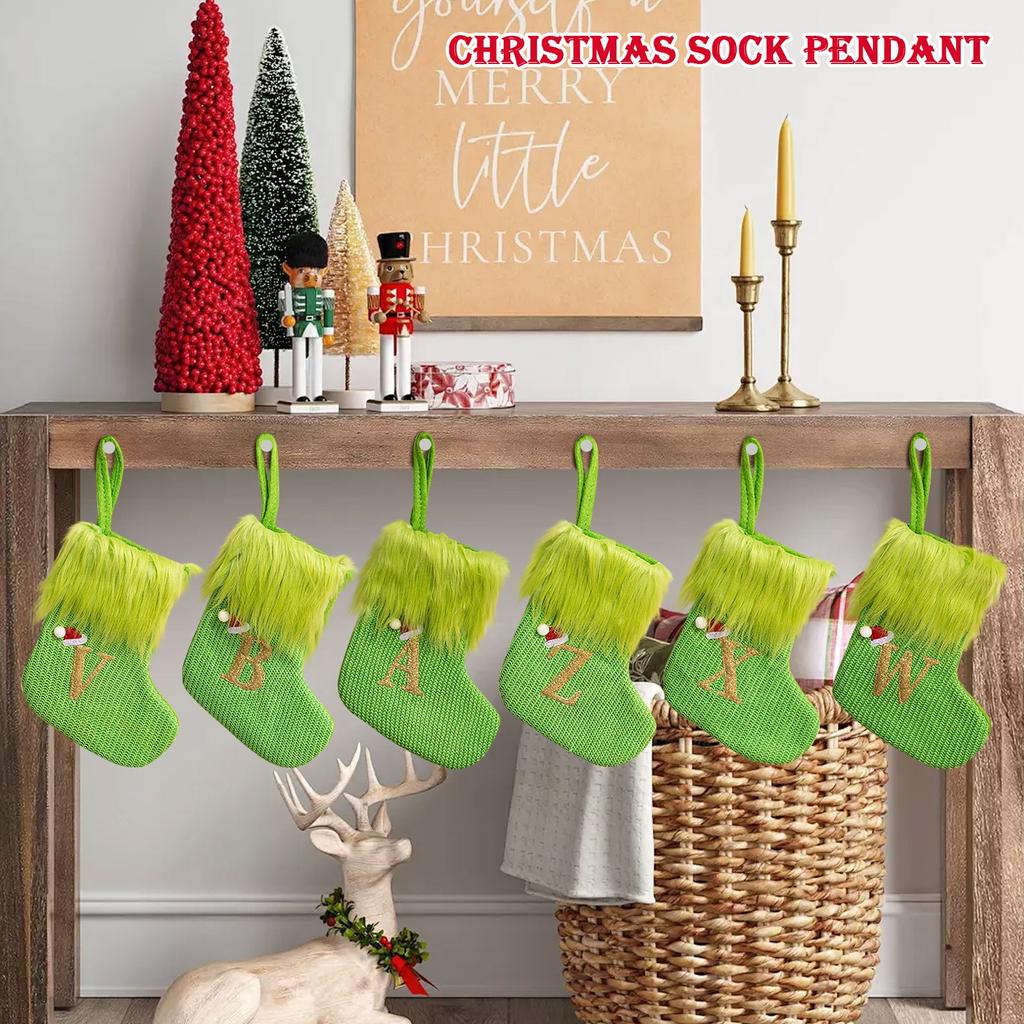 26 Letter Christmas Stockings Green, 8 Inch Christmas Stockings Suitable For Christmas Tree Fireplace Decorations