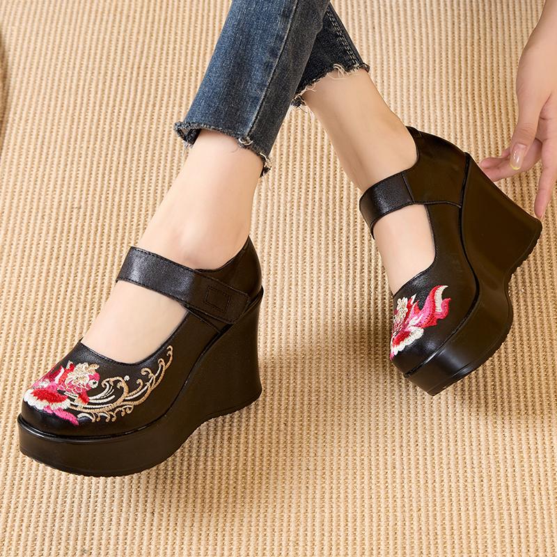 GKTINOO Fait Main Rétro Chaussures Femme Bout Rond Talons Compensés Augmentant la Hauteur 9cm Chaussures Décontractées Dames Mocassins à Plateforme en Cuir Véritable