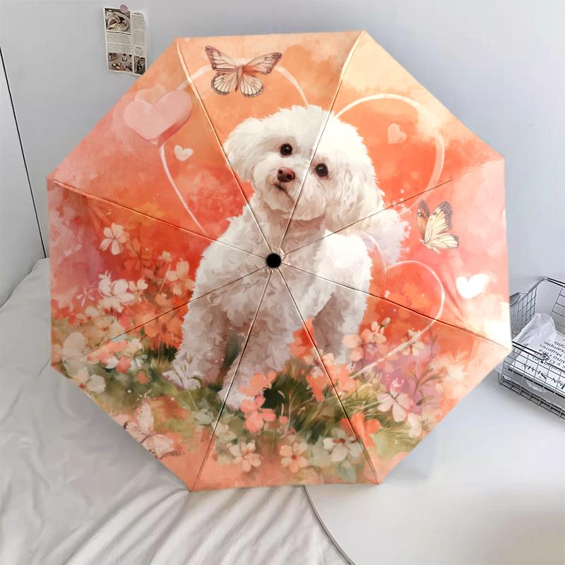 Pink Bichon pattern, automatic folding umbrella, portable and foldable design, 8 ribs, a Christmas or birthday gift.
