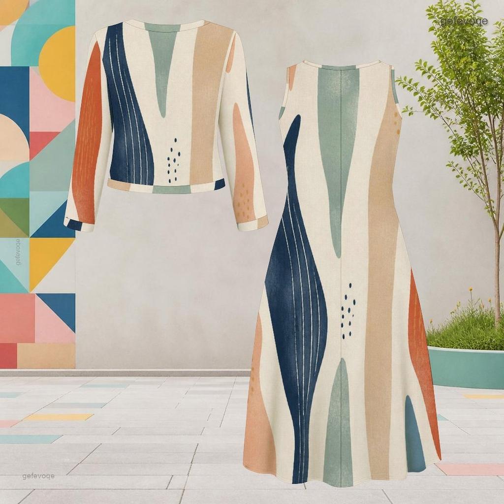 Women Plus Size Printed Round Neck Long Sleeve Cropped Cardigan Sleeveless Dress Two Piece Set