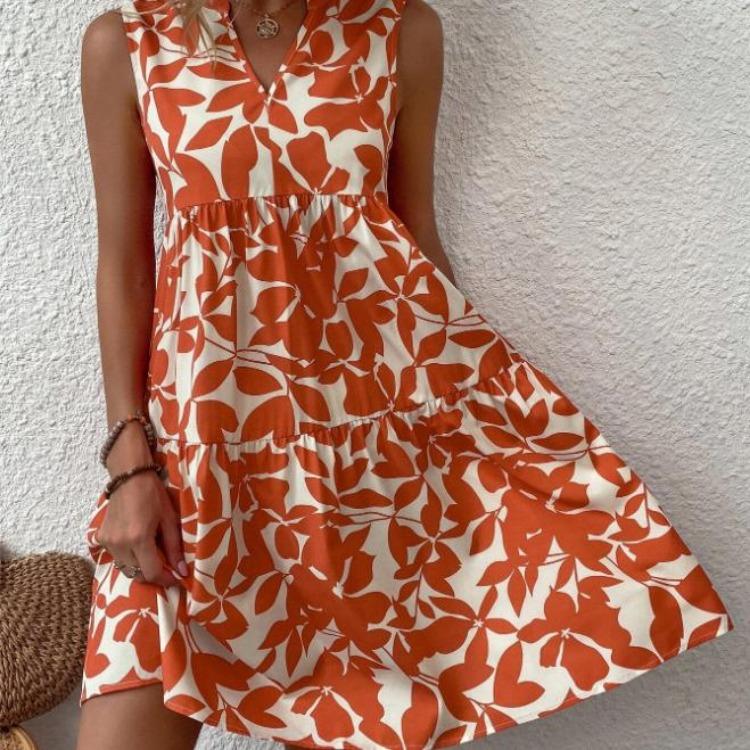 Fashion Bohemian Dress Women Printed V Loose Pleated Neck