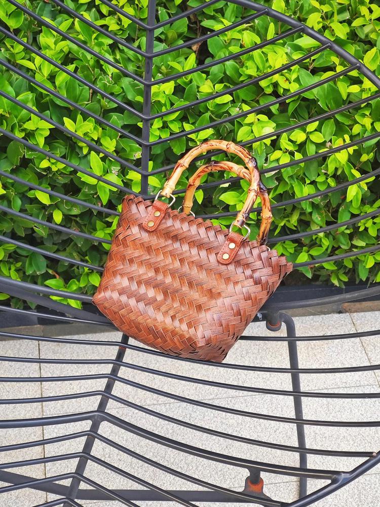 Handcrafted Retro Woven Straw Tote with Bamboo Handle – Cabbage Basket Style Souvenir Bag