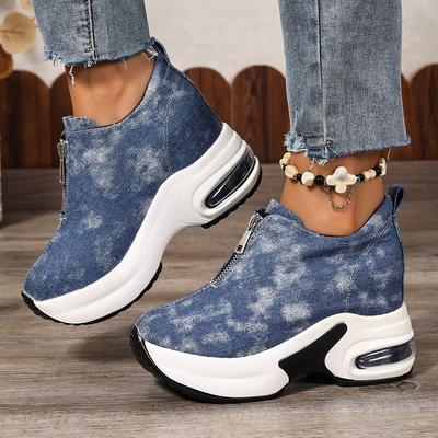 Fashion Chunky Platform Sneakers for Women Thick Bottom Casual Sports Shoes Woman Blue Denim Wedge Heel Cushion Sneakers 35-42