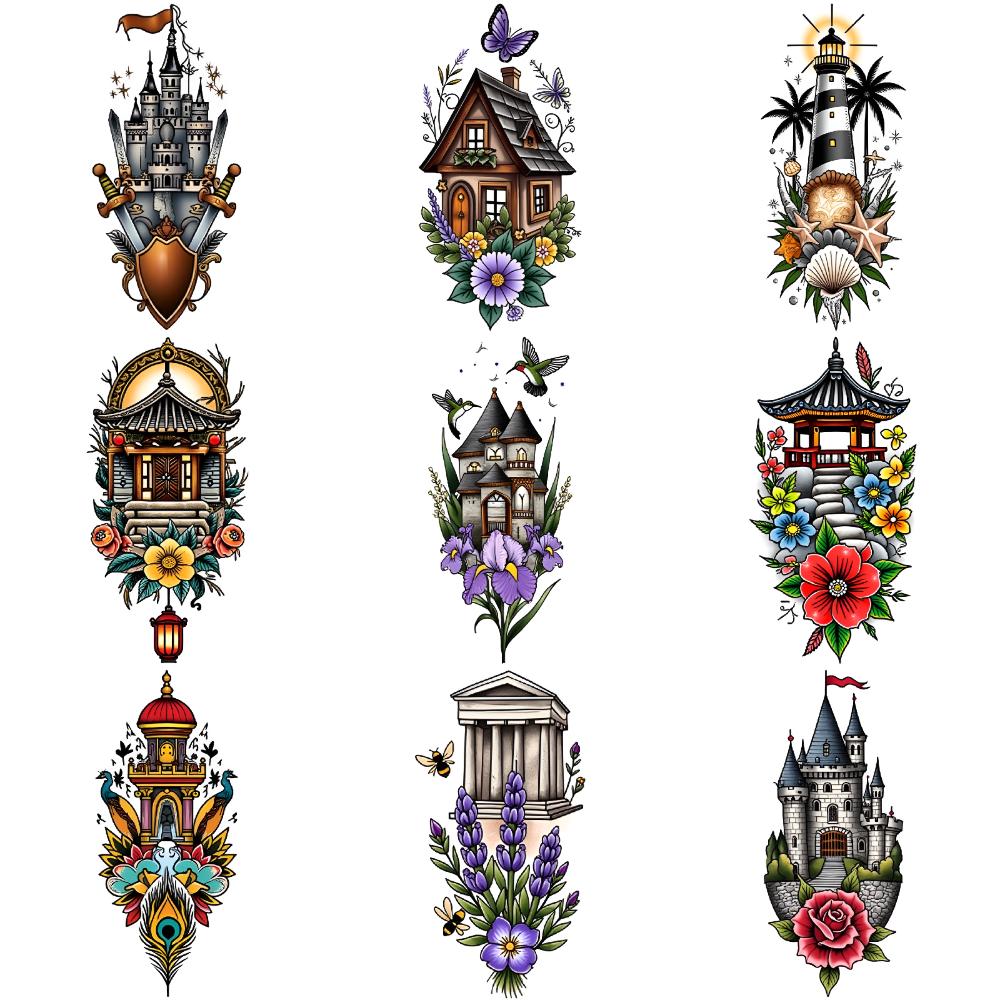 9pcs Temporary Tattoo New School Traditional House With Grapes Shield With Swords Peacock For Chest Women Arms