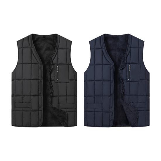 Men Waistcoat V-Neck Sleeveless Single Breasted Quilted Vest Coat with Zipper Pockets Solid Color Plush Lining Thickened Thermal Vest Jacket