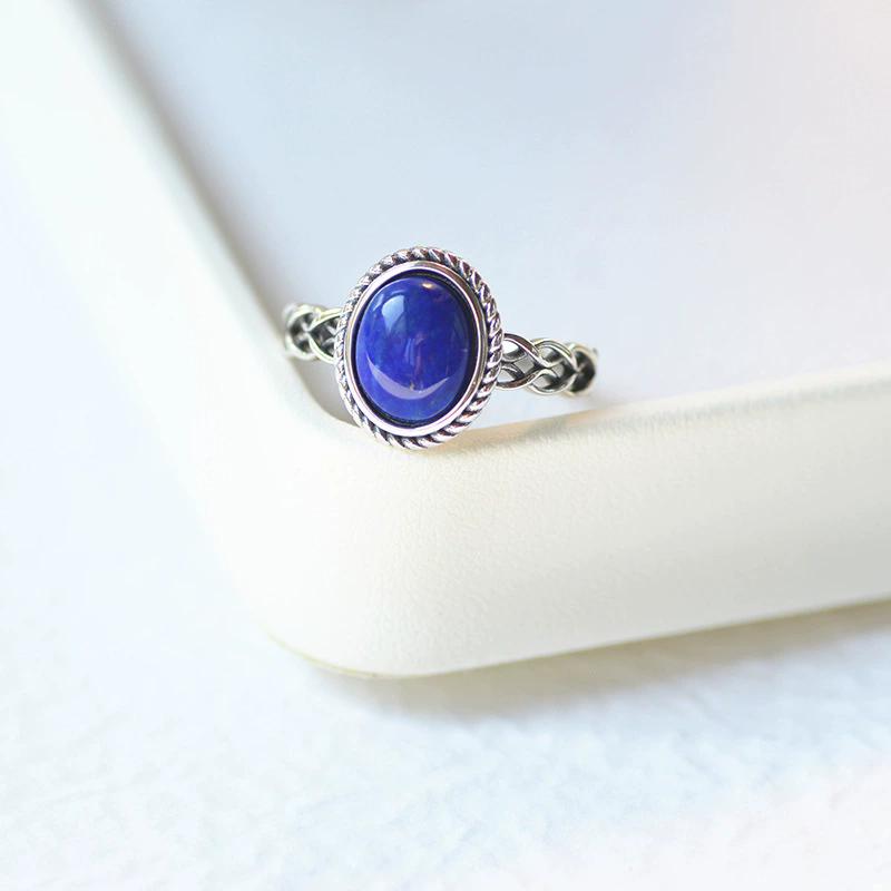 Thai Silver Hollow Twist Blue Stone Adjustable Finger Rings For Men Women Fashion New Female Jewelry Gift Party Holiday