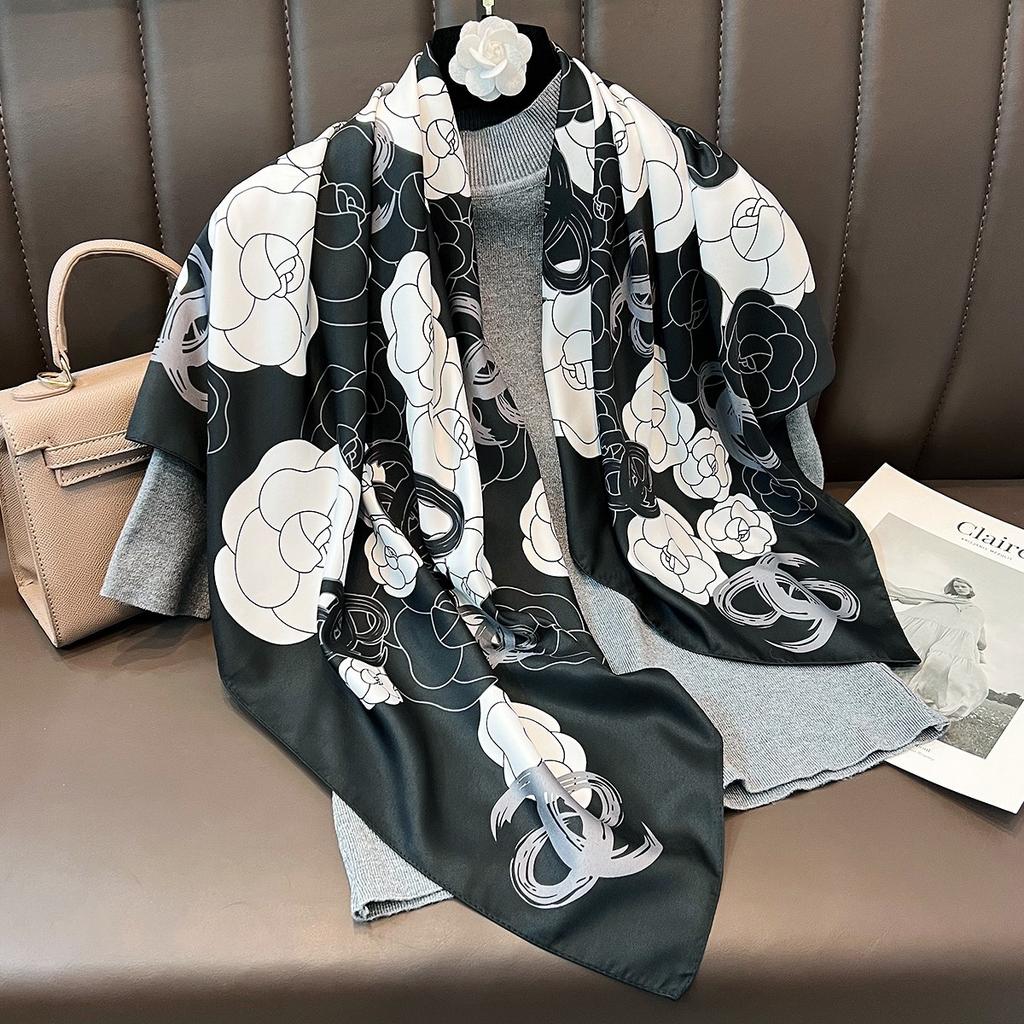 90CM Large Square Scarf Women Silk Feel Twill Neck Scarf Spring Autumn Fashion Shawl Wrap Decorative Outerwear