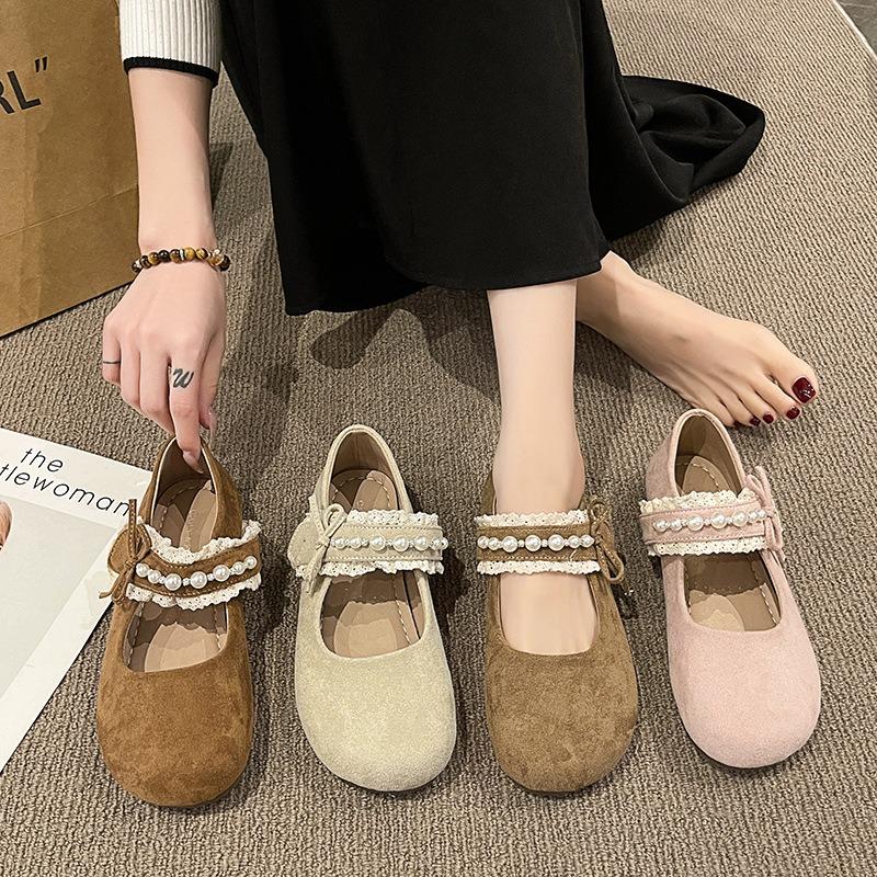 Wind Night Wear Soft Sole Night Foot Pearl Fairy Velcro Spring Mary Jane Shoes Woman Not Tired Single Shoe Temperament