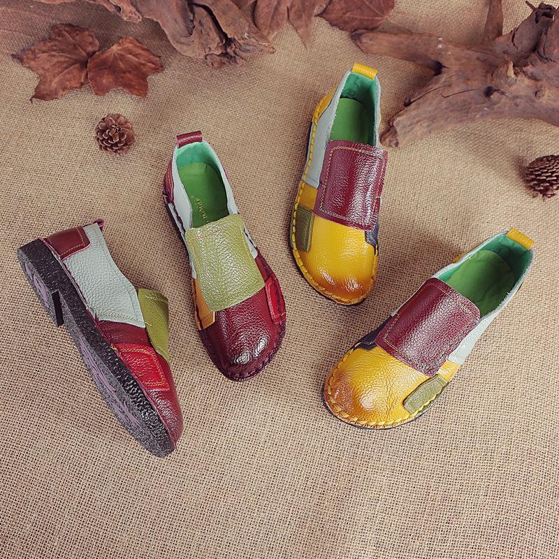 Flat-soled women's shoes leather color matching casual women's single shoes large size women's shoes Doudou shoes