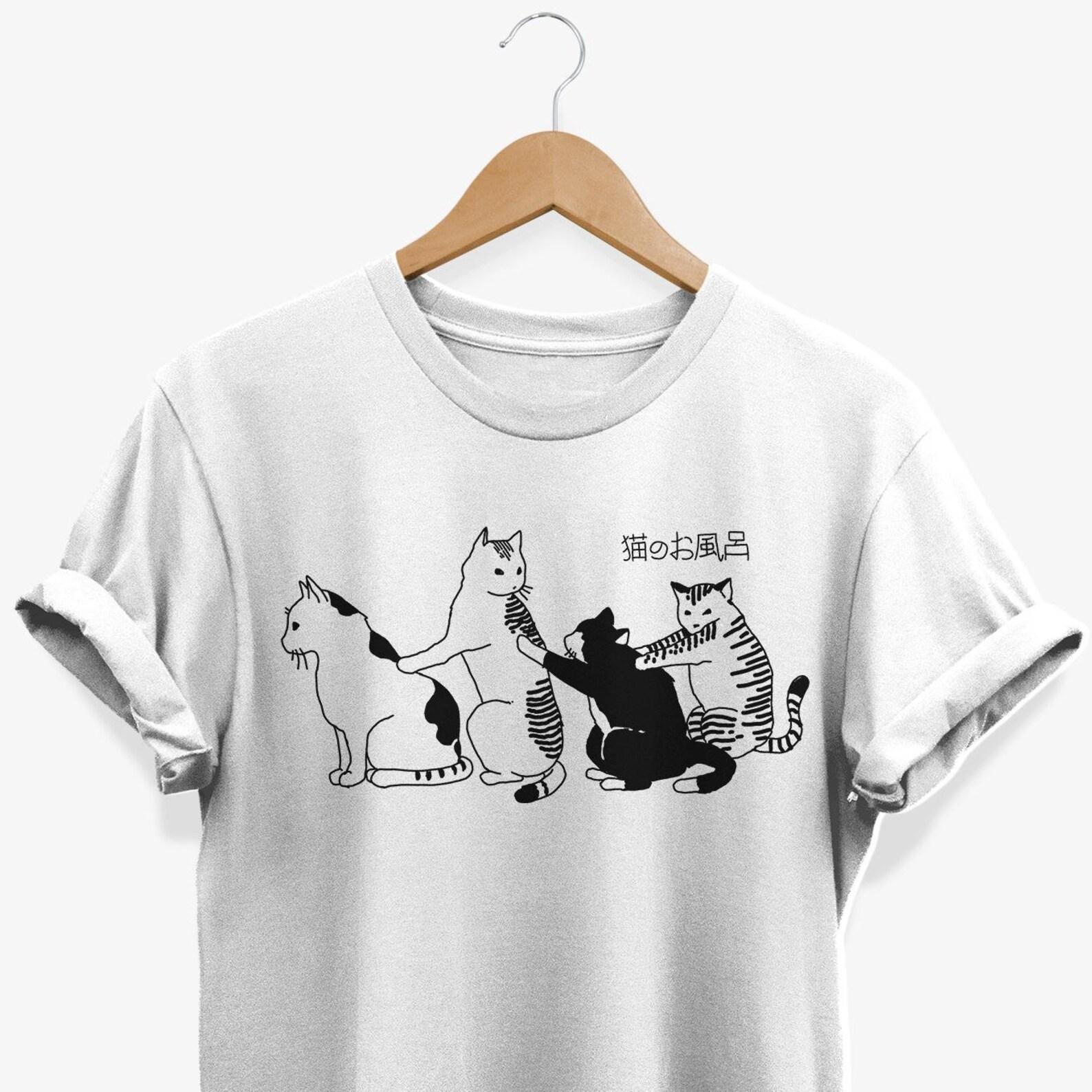 Japanese Cats T-Shirt: Minimalist Line Art, Anime Style 2XL