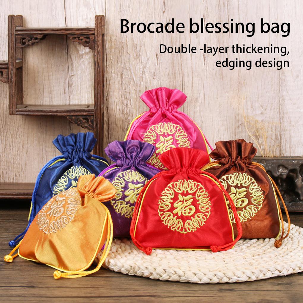 Drawstrings Bag Fu Word Embroidered Multipurpose Elegant Portable Gift Bags Artsy Pouches Wedding Christmas Household