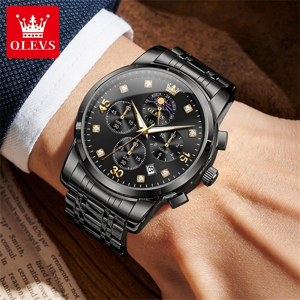 OLEVS 3652 Quartz Watches for Man Steel Strap Multi-functional Waterproof Luminous Chronograph Moon Phase Men's Wrist Watches