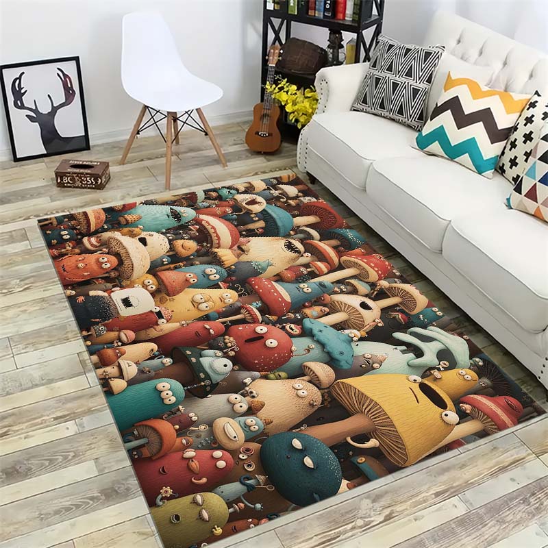 Cartoon Mushroom Elf Area Rug, Cute Fungi Floor Mat