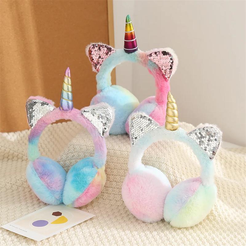 Children Kids Cute Unicorn Earmuffs Sequin Cat Ears Ear-Muffs Cover Winter Warm Fur Plush Headband Women Tie-dye Fluffy Earflap
