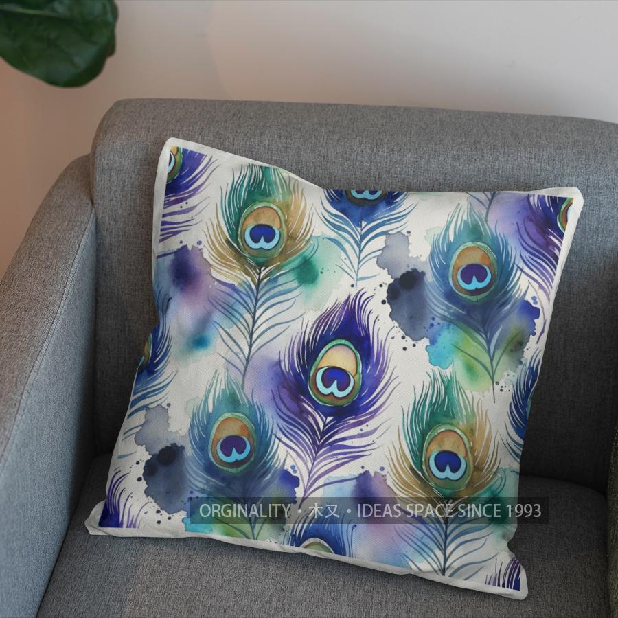 2D Peacock Feather Watercolor Pattern Throw Pillows Pattern Cushion Cover Suitable for Sofa Bedroom Car Pillow Cover