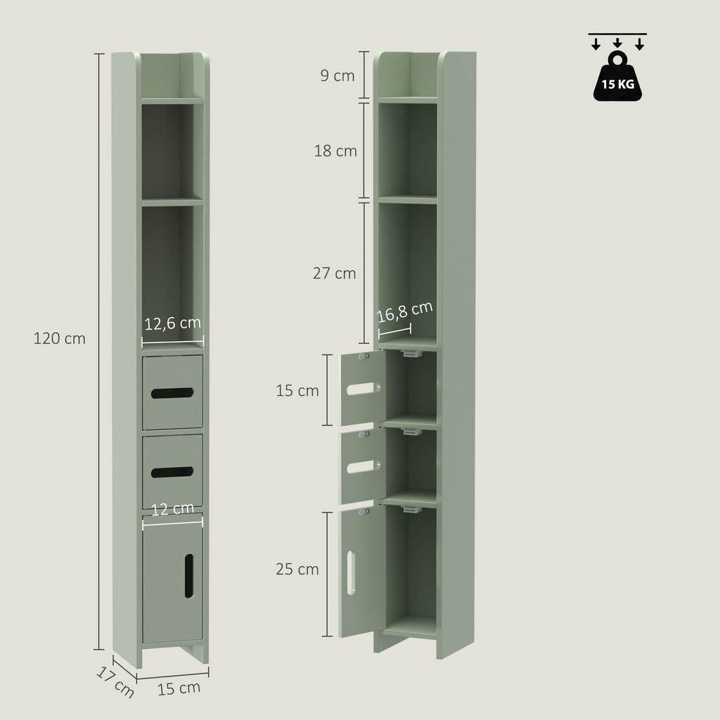 Bathroom Column Cabinet, Tall Toilet Storage with Shelves and Cupboards - 15 x 17 x 120 cm, Light Green