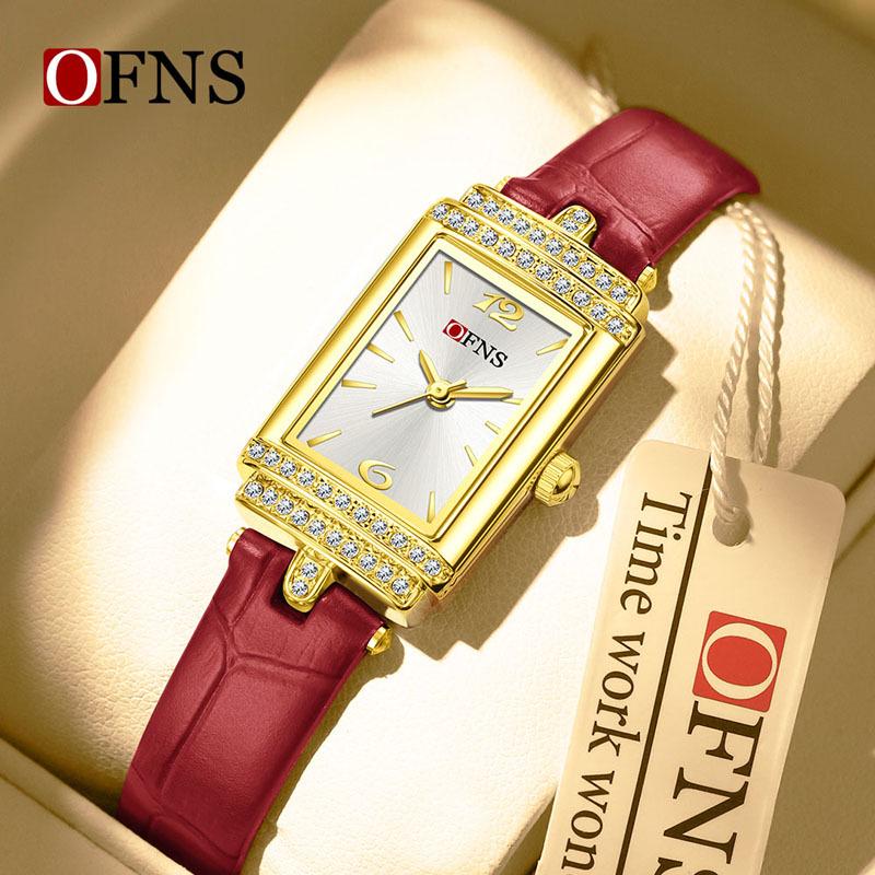 OFNS Women's Luxury Square Leather Strap Watch - Waterproof Quartz with Diamond Detailing