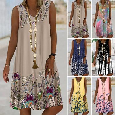 Frauen Kleid Farbverlauf Ärmelloses V-Ausschnitt Gedruckt A-Linie Lose Bohemian Stil Urlaub Strand