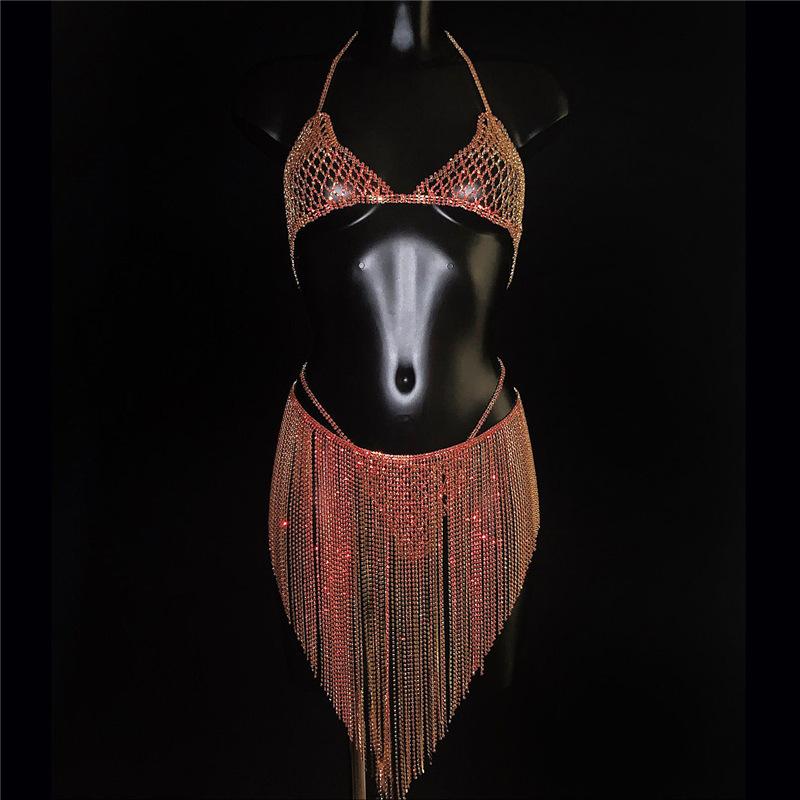 Fashion Luxury Red Crystal Sexy Body Chain Set Sexy Bikini Bra Short Skirt Body Jewelry Women