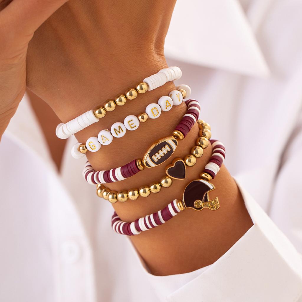 Accessories Super Bowl Alphabet Soft Pottery Beaded Bracelet, Fashion Rugby Pendant Bracelet Set Women
